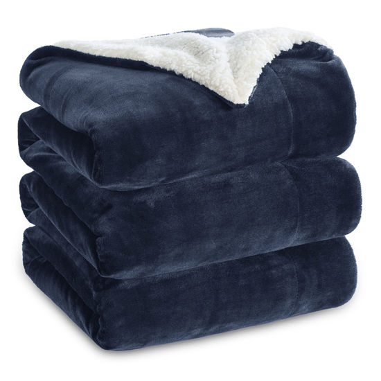 Picture of Bedsure Sherpa Fleece Blankets Queen Size for Bed - Thick and Warm Blanket for Winter, Soft Fuzzy Plush Queen Blanket for All Seasons, Navy, 90x90 Inches