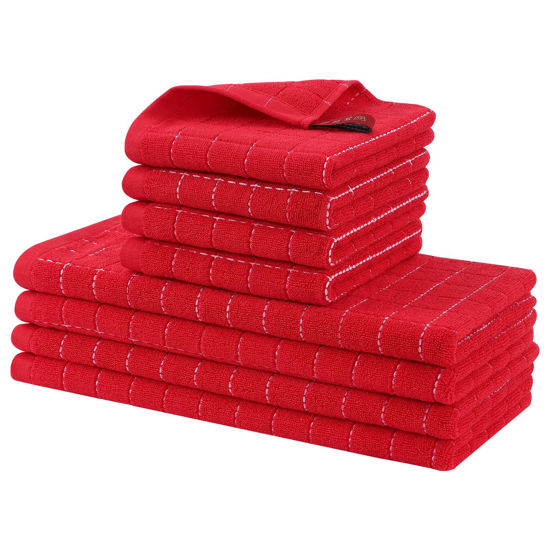 Picture of Homaxy Kitchen Towels and Dishcloths Set, 12 x 12 and 13 x 28 Inches, Set of 8 Bulk Cotton Terry Kitchen Towels Set, Checkered Designed, Soft and Super Absorbent Dish Towels, Red