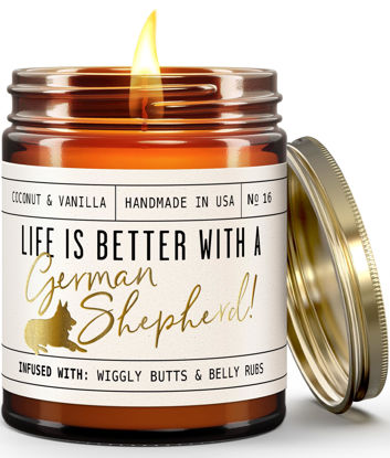 Picture of German Shepherd Gifts for Women - 'Life is Better with a German Shepherd' Candle, w/Vanilla, Coconut & Citrus - infused w/Essential Oils I German Shepherd Decor I 50Hr Burn, USA Made