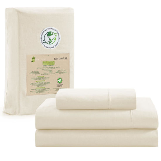 Picture of LANE LINEN 100% Organic Cotton Twin Bed Sheet Set, 3 Pc Twin Size Bed Sheets, Soft & Breathable Twin Sheet Set Boys, Hotel Style Bedding Sheets & Pillowcases, 15" Deep Twin Fitted Sheet - Natural