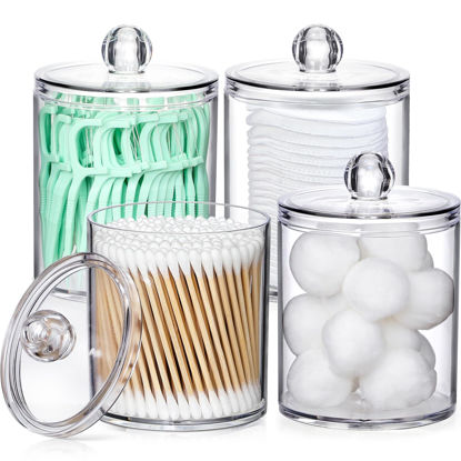 Picture of 4 Pack Acrylic Qtip Holder Dispenser for Cotton Swabs, Balls, Pads, Floss Picks- Small Clear Plastic Canister Apothecary Jar Set, Bathroom Essentials Accessories Decor, Vanity Makeup Storage Organizer