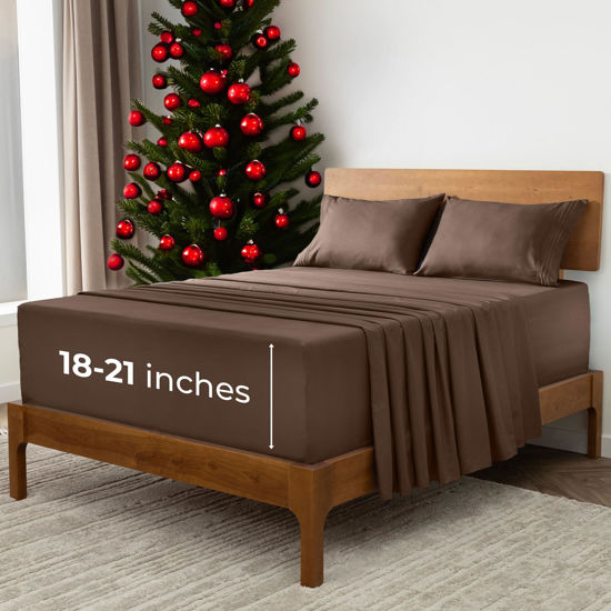 Picture of Mellanni Extra Deep Queen Sheets - 4 PC Iconic Collection Bedding - Hotel Luxury, Ultra Soft, Cooling Bed Sheets - Wrinkle, Fade, Stain Resistant (Queen, Brown)