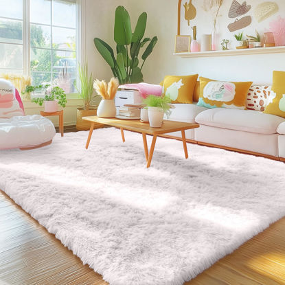 Picture of OLANLY Area Rugs for Living Room Bedroom, Machine Washable 4x5.9 Feet Soft Fluffy Shaggy Bedside Rug, Indoor Floor Carpet for Kids Girls and Boys, Dorms, Nursery Rooms, Home Decor Aesthetic, White