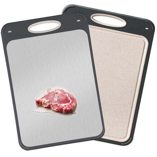 Picture of GUANCI Cutting Board for Kitchen Double Sided 304 Stainless Steel Chopping Board Food-Grade Stainless Steel and Wheat Straw PP Samll Size 14’’×9.6’’ Easy to Clean