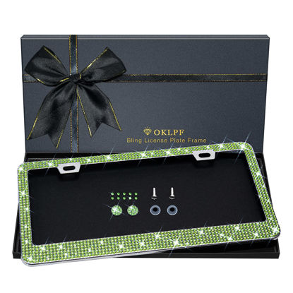 Picture of Bling License Plate Frame for Women, 1PCS Sparkly License Plate Frames| Over 1200 pcs 14 Facets Bedazzled Clear Glass Diamond Rhinestone Crystals w/Free Glitter Diamond Box (Olive Green)