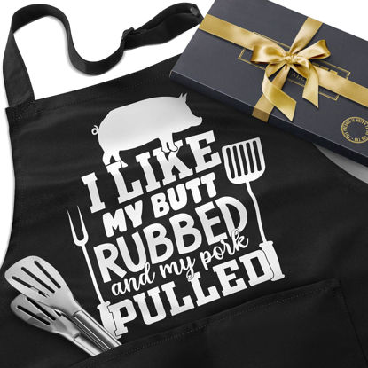 Picture of Funny BBQ Apron Gifts for Men, Hilarious Grill Chef Apron with Pockets, Adjustable Cooking Apron - Birthday & Fathers Day Gifts for Dad Husband Brother Boyfriend Grandpa