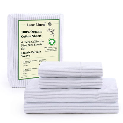 Picture of LANE LINEN 100% Organic Cotton California King Sheets Set, 4-Piece Organic Cotton Long Staple Percale Weave Soft Bedding Sheets for Bed, Breathable, Fits Mattress Upto 15" Deep - Blue Ticking Stripe