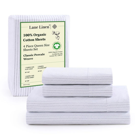 Picture of LANE LINEN 100% Organic Cotton Sheet Sets Queen Size, 4Pc Queen Size Cotton Sheets, Hotel Style Sheets, Bedding Sheets & Pillowcases, Queen Sheet Sets Deep Pockets Fits Upto 15" - Blue Ticking Stripe