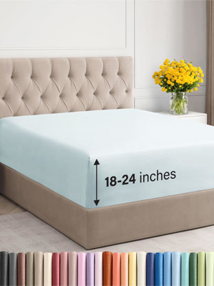 Picture of Extra Deep Queen Fitted Sheet - Hotel Luxury Single Fitted Sheet Only - Sheet Easily Fits 18 inch to 24 inch Mattress - Soft, Wrinkle Free, Breathable & Comfy Extra Deep Pockets Ice Blue Fitted Sheet