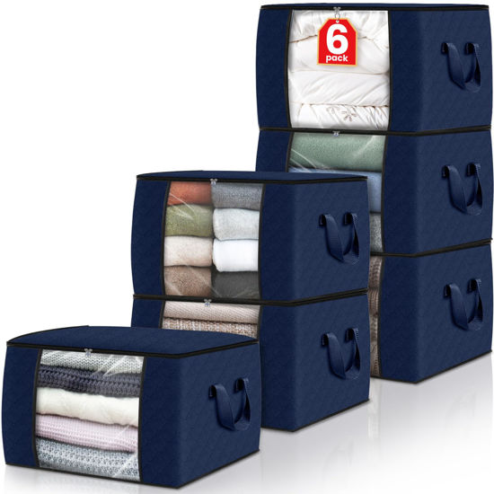 Picture of Fab totes 6 Pack Clothes Storage, Foldable Thick Fabric Blanket Storage Bags, Storage Containers for Organizing Bedroom, Closet, Clothing, Comforter, Organization and Storage with Handle,Blue