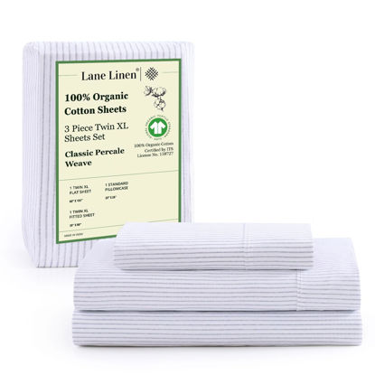 Picture of LANE LINEN 100% Organic Cotton Twin XL Sheets Set 3-Piece Pure Percale Bedsheets Bedding Breathable Fits Mattress Upto 15" Deep - Blue Ticking Stripe