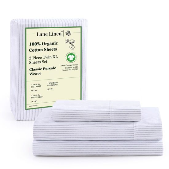 Picture of LANE LINEN 100% Organic Cotton Twin XL Sheets Set 3-Piece Pure Percale Bedsheets Bedding Breathable Fits Mattress Upto 15" Deep - Blue Ticking Stripe