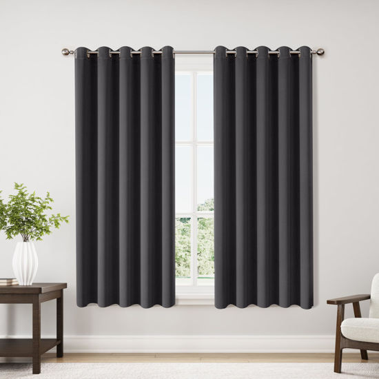 Picture of ChrisDowa Blackout Curtains 70 inches Wide for Bedroom - 2 Panels Set Extra Wide Grommet Thermal Insulated Room Darkening Curtains for Living Room (Dark Grey, 70 x 63 Inch)