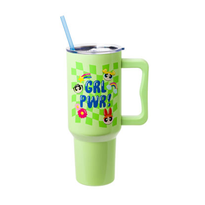Picture of Silver Buffalo Powerpuff Girls Girl Power Groovy Retro Featuring Blossom, Bubbles, and Buttercup Stainless Steel Tumbler with Handle and Straw, Fits in Standard Cup Holder, 40 Ounces