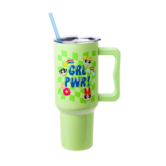Picture of Silver Buffalo Powerpuff Girls Girl Power Groovy Retro Featuring Blossom, Bubbles, and Buttercup Stainless Steel Tumbler with Handle and Straw, Fits in Standard Cup Holder, 40 Ounces