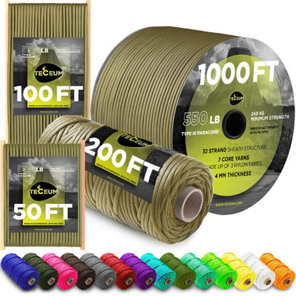 Picture of TECEUM Paracord Type III 550 Coyote Brown - 200 ft - 4mm - Tactical Rope MIL-SPEC - Outdoor para Cord -Camping Hiking Fishing Gear and Equipment - EDC Parachute Cord - Strong Survival Rope 012 n1