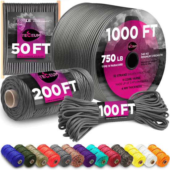 Picture of TECEUM Paracord 550 (750) Dark Grey - 50 ft - 4mm - 100% Nylon Strong Tactical MIL-SPEC Parachute Cord - Survival Rope Emergency para Cord 11 Strands Core EDC Camping Hiking Military Gear 030a n2