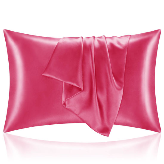 Picture of BEDELITE Satin Pillowcase for Hair and Skin, Super Soft and Cooling Similar to Silk Pillow Cases 2 Pack with Envelope Closure, Gift for Women Men(20"x40" King Size, Hot Pink)