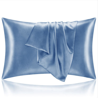 Picture of BEDELITE Satin Pillowcase for Hair and Skin, Super Soft and Cooling Similar to Silk Pillow Cases 2 Pack with Envelope Closure, Gift for Women Men(20"x36" King Size, Airy Blue)
