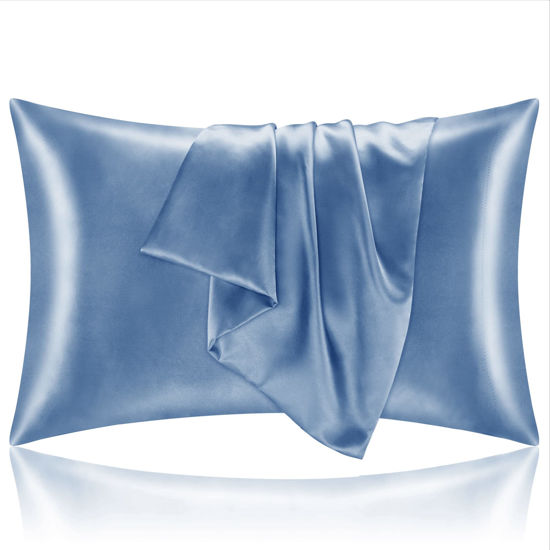 Picture of BEDELITE Satin Pillowcase for Hair and Skin, Super Soft and Cooling Similar to Silk Pillow Cases 2 Pack with Envelope Closure, Gift for Women Men(20"x36" King Size, Airy Blue)