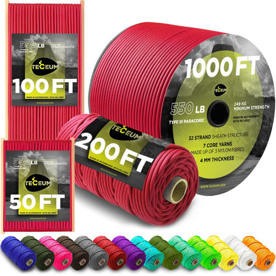 Picture of TECEUM Paracord Type III 550 Crimson - 50 ft - 4mm - Tactical Rope MIL-SPEC - Outdoor para Cord -Camping Hiking Fishing Gear and Equipment - EDC Parachute Cord - Strong Survival Rope 324