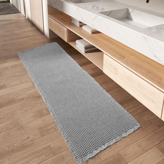 Picture of Upgraded Waffle Runner Rug Super Absorbent Non Slip Bath Mats for Bathroom Machine Washable Bathroom Runner Rug with Tassels, Ideal for Hallway Bedroom Laundry Room, Light Grey, 2' x 5'(24" x 60")