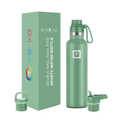 Picture of IRON °FLASK Sports Water Bottle - 3 Lids (Narrow Spout Lid) Leak Proof Vacuum Insulated Stainless Steel - Hot & Cold Double Walled Insulated Thermos, Durable Metal Canteen - Sage, 24 Oz