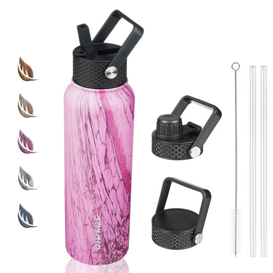 Picture of BJPKPK Insulated Water Bottles with Straw Lid, 40oz Stainless Steel Water Bottles with 3 Lids, Large Metal Water Bottle, BPA Free Leakproof Thermos Water Bottle for Sports & Gym- Wood Pink