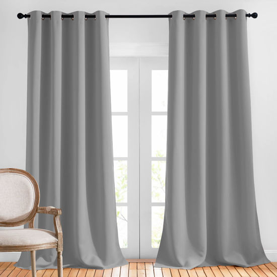 Picture of NICETOWN Blackout Silver Grey Curtains 90 inch Length - Triple Weave Energy Saving Thermal Insulated Solid Grommet Blackout Draperies for Bedroom/Living Room (1 Pair, W52 x L90)