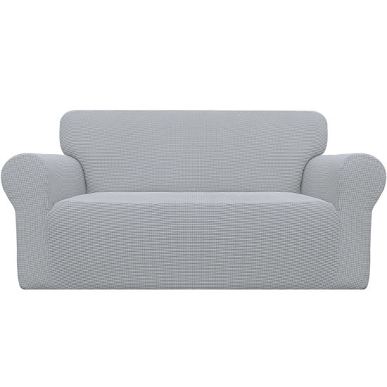 Picture of Easy-Going Stretch Loveseat Slipcover 1-Piece Sofa Cover Furniture Protector Couch Soft with Elastic Bottom for Kids Polyester Spandex Jacquard Fabric Small Checks (Loveseat, Silver Gray)