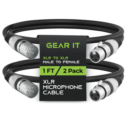 Picture of GearIT XLR to XLR Microphone Cable (1 Feet, 2 Pack) XLR Male to Female Mic Cable 3-Pin Balanced Shielded XLR Cable for Mic Mixer, Recording Studio, Podcast - Black, 1Ft, 2 Pack