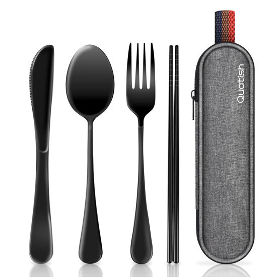 Picture of Travel Utensils with Case, Quatish Portable Silverware Set for Work, Stainless Steel Reusable Travel Cutlery Set, Fork and Spoon Set for Camping, Picnic, Gadgets, Lunch Box for Men, Black