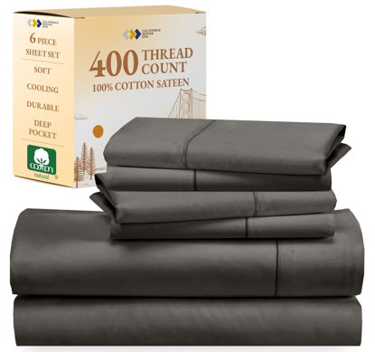 Picture of California Design Den 6-Pc King Size Sheet Set with 4 Pillowcases - Soft 400 Thread Count 100% Cotton Sheets, Cooling Sateen Weave, Luxury Deep Pocket Bedsheets Set - Dark Gray