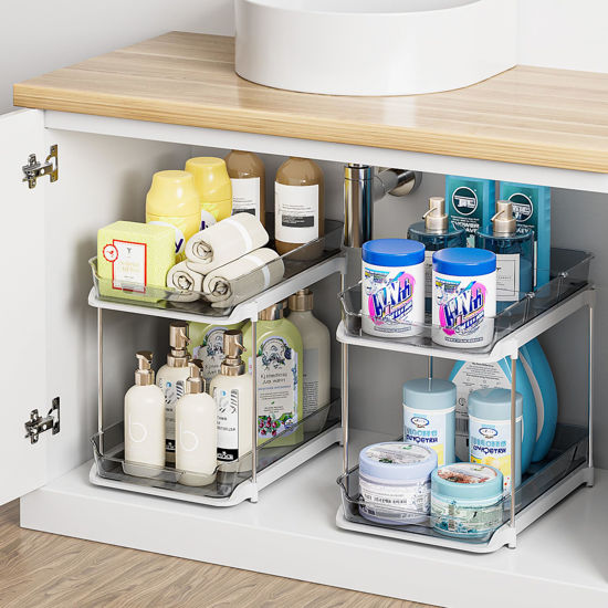 Picture of Delamu 2 Sets of 2-Tier Multi-Purpose Bathroom Cabinet Under Sink Organizers and Storage, Stackable Kitchen Pantry Organization and Storage, Grey