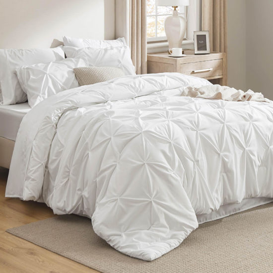 Picture of Bedsure California King Comforter Set - Cal King Bed Set 7 Pieces, Pinch Pleat White Cali King Bedding Set with Pintuck Comforter, Sheets, Pillowcases & Shams