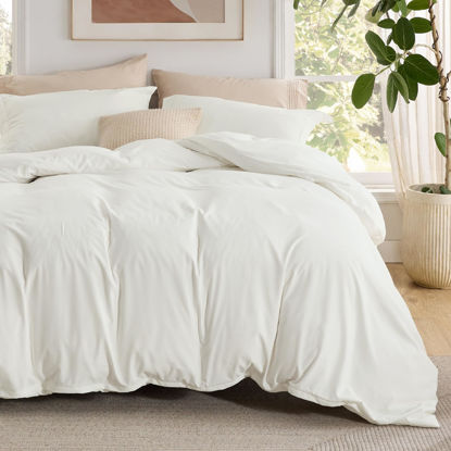 Picture of Bedsure Queen Duvet Cover with Fitted Sheet - Soft Double Brushed Bedding Set with Zipper Closure, 4 Pieces, Includes 1 Duvet Cover 90"x90", 1 Fitted Sheet, 2 Pillow Shams, NO Comforter, Ivory White