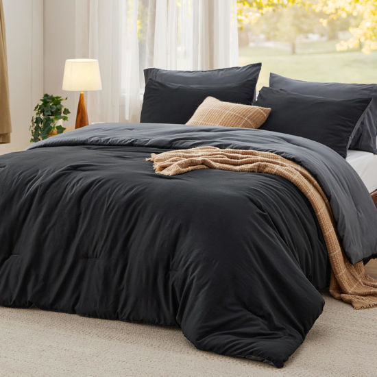 Picture of Bedsure California King Comforter Set, Reversible Black Soft Prewashed Bed Comforter for All Seasons, 3 Pieces Warm Bedding Sets, 1 Lightweight Comforter (104"x96") and 2 Pillowcases (20"x36")