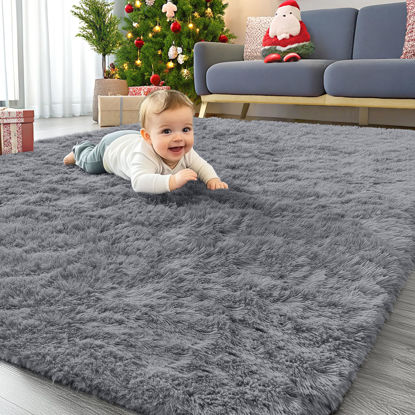 Picture of OLANLY Area Rugs for Living Room Bedroom, Machine Washable 4x5.9 Feet Soft Fluffy Shaggy Bedside Rug, Indoor Floor Carpet for Kids Girls Boys, Dorms, Nursery Rooms, Home Decor Aesthetic, Light Grey