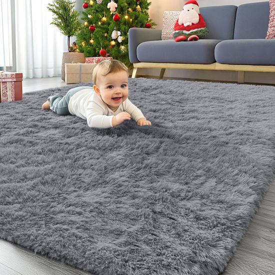 Picture of OLANLY Area Rugs for Living Room Bedroom, Machine Washable 4x5.9 Feet Soft Fluffy Shaggy Bedside Rug, Indoor Floor Carpet for Kids Girls Boys, Dorms, Nursery Rooms, Home Decor Aesthetic, Light Grey