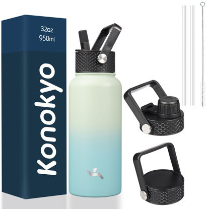 Picture of Konokyo Insulated Water Bottle 32oz Stainless Steel Water Bottles With 3 Lids,Mint