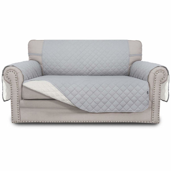 Picture of Easy-Going Reversible Loveseat Couch Cover for 2 Cushion Couch Sofa Cover for Dogs Water Resistant Furniture Protector with Foam Sticks Elastic Straps for Pet (Loveseat, Light Gray/Ivory)
