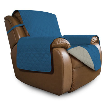 Picture of Easy-Going Oversized Recliner Cover Reversible Couch Cover Sofa Cover for Living Room Water Resistant Furniture Protector with Elastic Straps for Pets Dog(Oversized Recliner, Peacock Blue/Beige)
