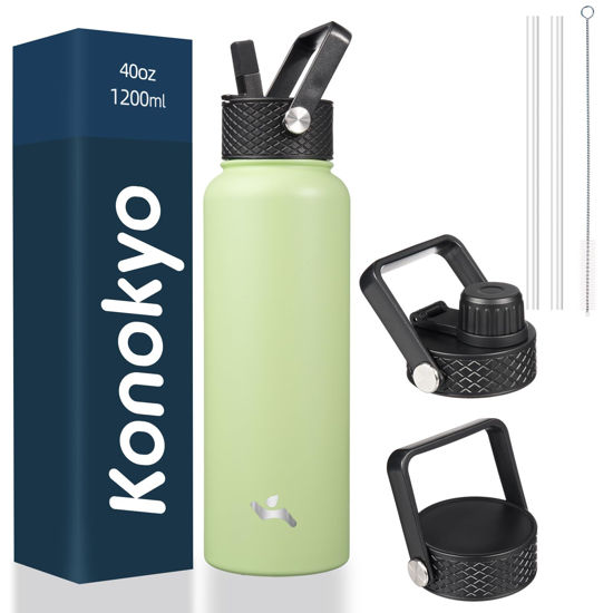 Picture of Konokyo 40oz Insulated Water Bottle Sport Stainless Steel Water Bottles With 3 Lids,Macaron Green