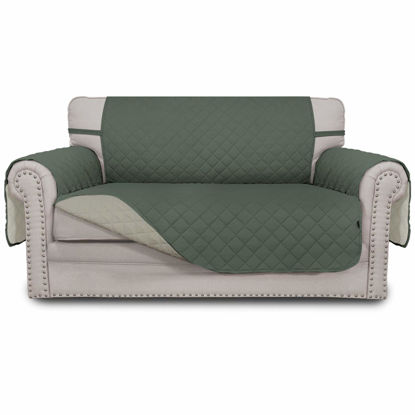 Picture of Easy-Going Reversible Loveseat Couch Cover for 2 Cushion Couch Sofa Cover for Dogs Water Resistant Furniture Protector with Foam Sticks Elastic Straps for Pet (Loveseat, Greyish Green/Beige)
