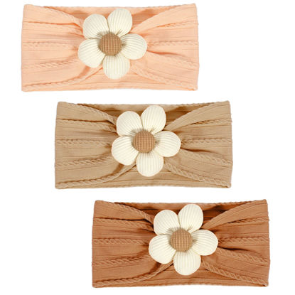 Picture of MIUXUESO 3 Pcs Baby Flower Headbands Baby Girls Nylon Headbands Soft Hairbands Hair Accessories for Newborn Infant Toddler Kids (Beige Orange Brown)
