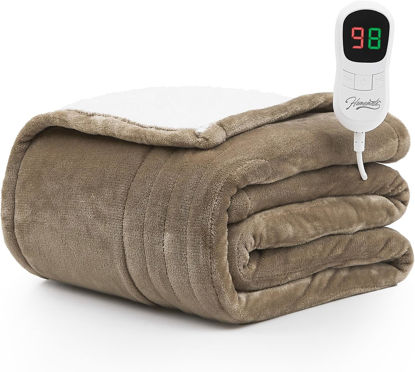 Picture of Homemate Electric Heated Blanket Throw - 50"x60" Heating Blanket Throw Size 1/2/4/6/8 Hours Auto-off 10 Heat Level Heat Blanket Over-heat Protection Flannel Sherpa Big Heater Blanket ETL Certification