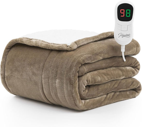 Picture of Homemate Electric Heated Blanket Throw - 50"x60" Heating Blanket Throw Size 1/2/4/6/8 Hours Auto-off 10 Heat Level Heat Blanket Over-heat Protection Flannel Sherpa Big Heater Blanket ETL Certification