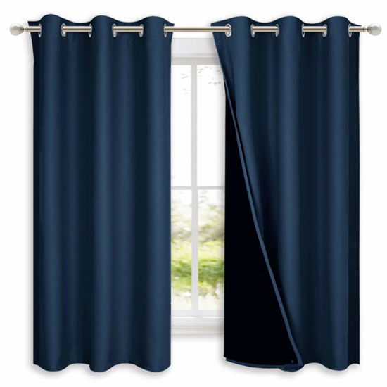 Picture of NICETOWN 100% Blackout Short Curtain Panels, Thermal Insulated Black Liner Curtains for Nursery Room, Noise Reducing and Cold Blocking Drapes for Windows (Set of 2, Navy Blue, 37" Wide by 63" Long)
