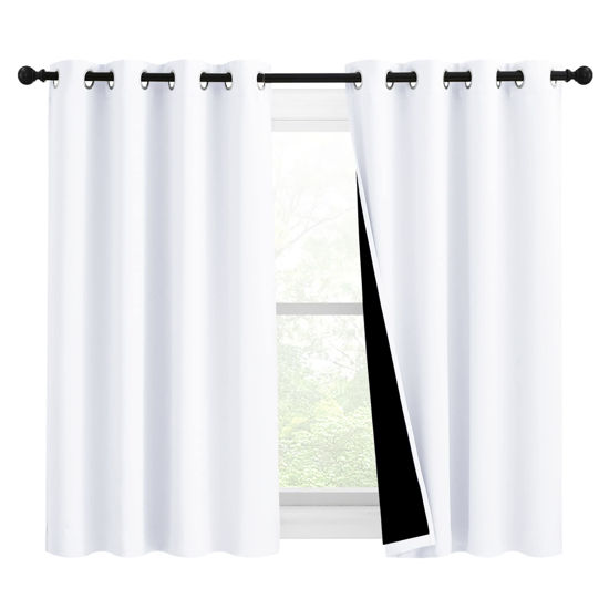 Picture of NICETOWN White 100% Blackout Curtains for Windows, Pack of 2, 46" W x 45" L, Super Heavy-Duty Black Lined Total Darkness Drapes for Bedroom, Privacy Assured Window Treatment for Patio