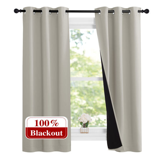 Picture of NICETOWN Natural 100% Blackout Lined Curtains, 2 Thick Layers Narrow Wide Window Treatment Panels Thermal Insulated Drapes for Kitchen Small Window (1 Pair, 37" Width x 63" Length Each Panel)